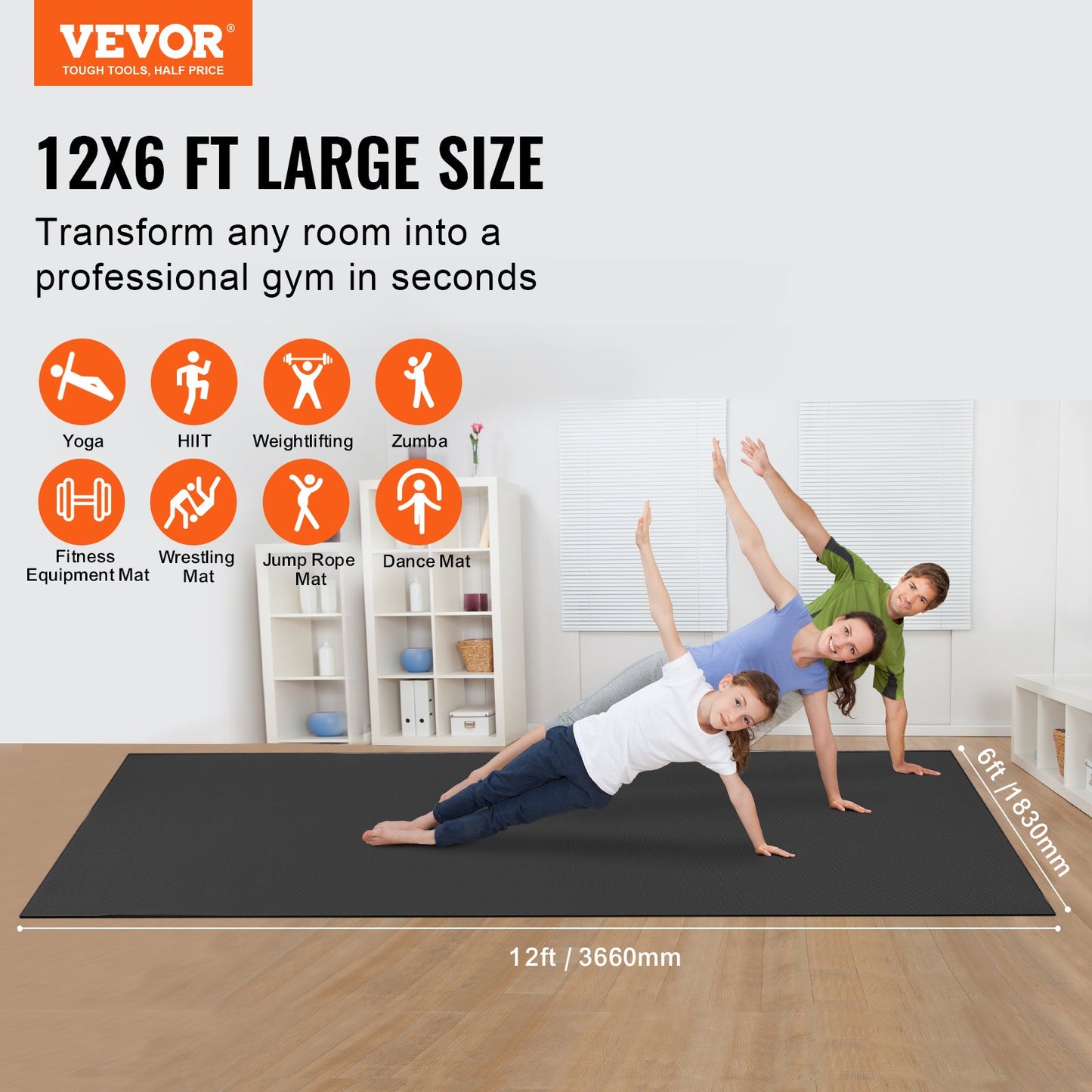 Exercise Mat Non-Slip Yoga Mat Gym Fitness Pilate Exercise Mat (12x6ft)