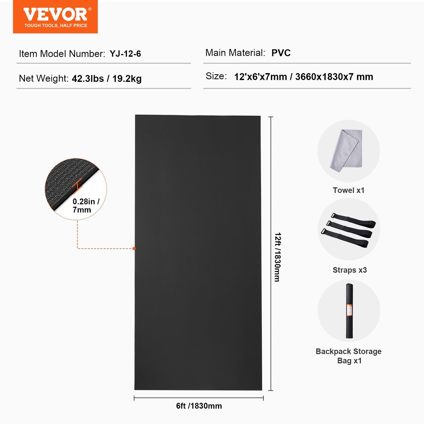 Exercise Mat, Non Slip High Density Premium Yoga Mat, Exercise Yoga Mat for Men Women, Fitness & Exercise Mat with Bag & Carry Strap, for All Types of Home Yoga, Pilate & Floor Workout (12x6ft)