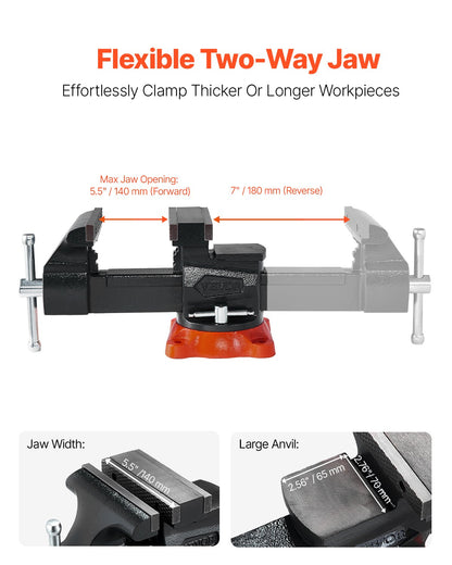 Bench Vise, 5.5" Jaw Width, 5.5" Max Jaw Opening Multipurpose Vise with 360° Swivel Locking Base, 2.8" Throat Depth, Heavy Duty Ductile Iron Workbench Vise, Two-Way Jaws for Clamping Round Pipes