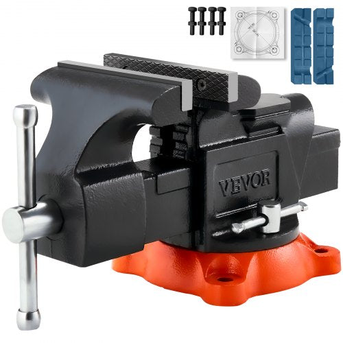 Bench Vise, 5" Jaw Width, 5" Max Jaw Opening Multipurpose Vise with 360° Swivel Locking Base, 2.8" Throat Depth, Heavy Duty Ductile Iron Workbench Vise with Anvil, for Clamping Round Pipes