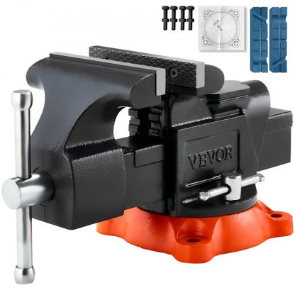 Bench Vise, 5" Jaw Width, 5" Max Jaw Opening Multipurpose Vise with 360° Swivel Locking Base, 2.8" Throat Depth, Heavy Duty Ductile Iron Workbench Vise with Anvil, for Clamping Round Pipes
