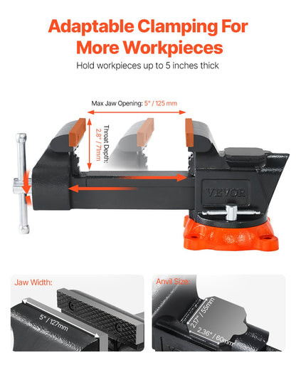 Bench Vise, 5" Jaw Width, 5" Max Jaw Opening Multipurpose Vise with 360° Swivel Locking Base, 2.8" Throat Depth, Heavy Duty Ductile Iron Workbench Vise with Anvil, for Clamping Round Pipes