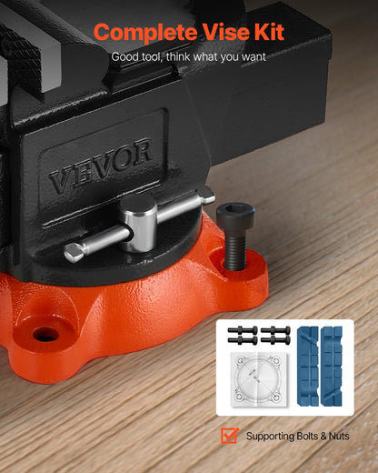 Bench Vise, 5" Jaw Width, 5" Max Jaw Opening Multipurpose Vise with 360° Swivel Locking Base, 2.8" Throat Depth, Heavy Duty Ductile Iron Workbench Vise with Anvil, for Clamping Round Pipes