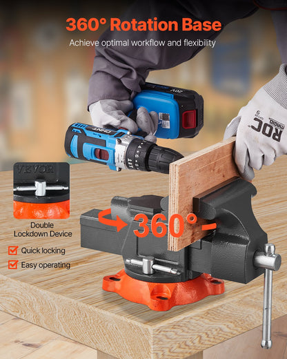 Bench Vise, 5" Jaw Width, 5" Max Jaw Opening Multipurpose Vise with 360° Swivel Locking Base, 2.8" Throat Depth, Heavy Duty Ductile Iron Workbench Vise with Anvil, for Clamping Round Pipes