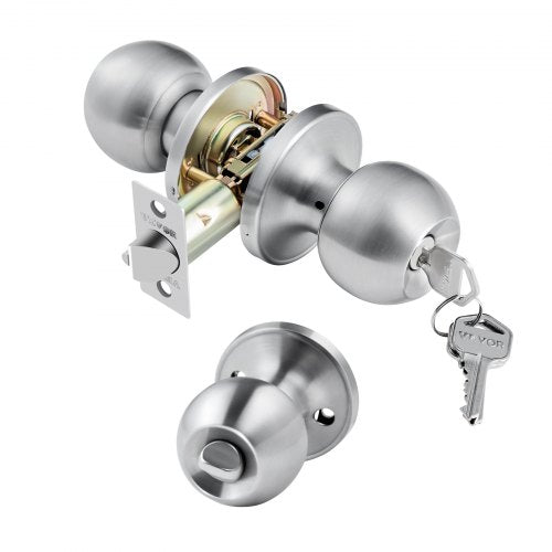 Keyed Entry Door Knob, Satin Nickel Door Knob with Round Ball, Keyed Exterior & Thumb Turn Lock Interior, All Metal Doorknobs Hardware with Lock and Keys, Modern Design for Bedroom & Bathroom
