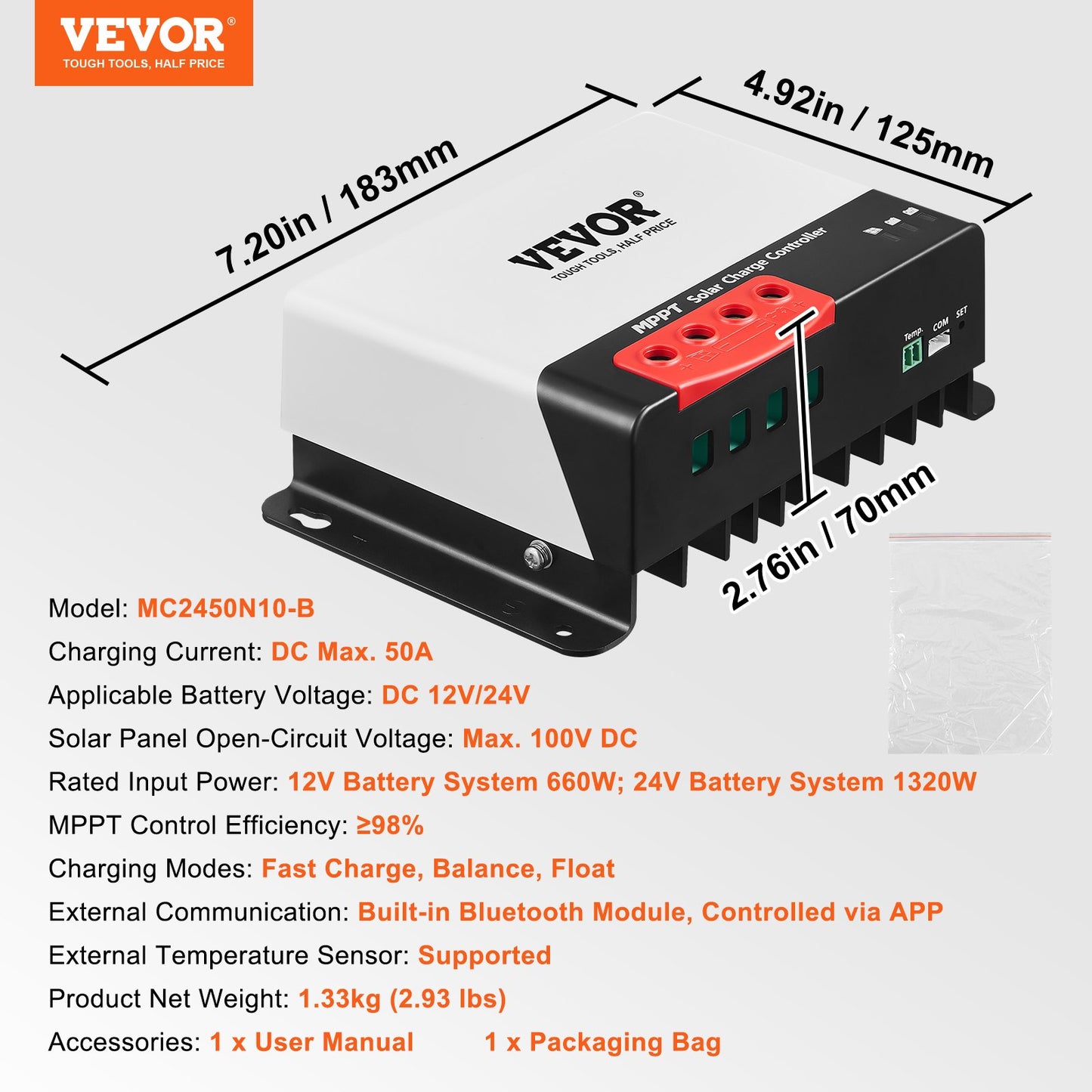 50A MPPT Solar Charge Controller, 12V / 24V Auto DC Input, Solar Panel Regulator Laddare med Bluetooth-modul, 98 % laddningseffektivitet för förseglad (AGM), gel, översvämmad och litiumbatteriladdning