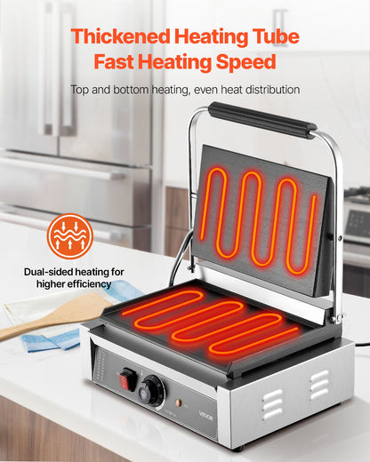 Commercial Panini Grill, 1800W Electric Sandwich Panini Maker, Stainless Steel Sandwichs Press Grill with Handle and Temp Control, 13.5x9.3 in Full Flat Enamel Plate, for Hamburger Steak Bacon