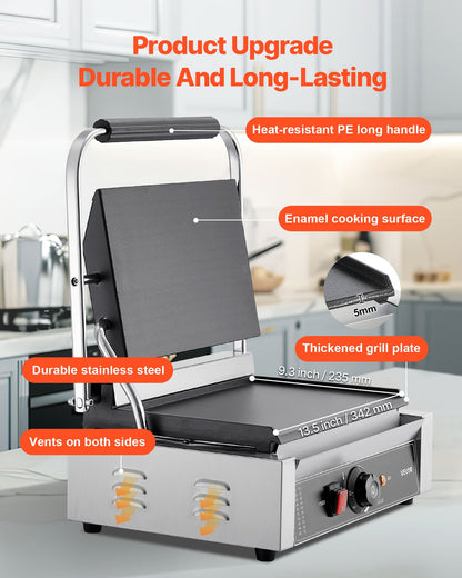 Commercial Panini Grill, 1800W Electric Sandwich Panini Maker, Stainless Steel Sandwichs Press Grill with Handle and Temp Control, 13.5x9.3 in Full Flat Enamel Plate, for Hamburger Steak Bacon