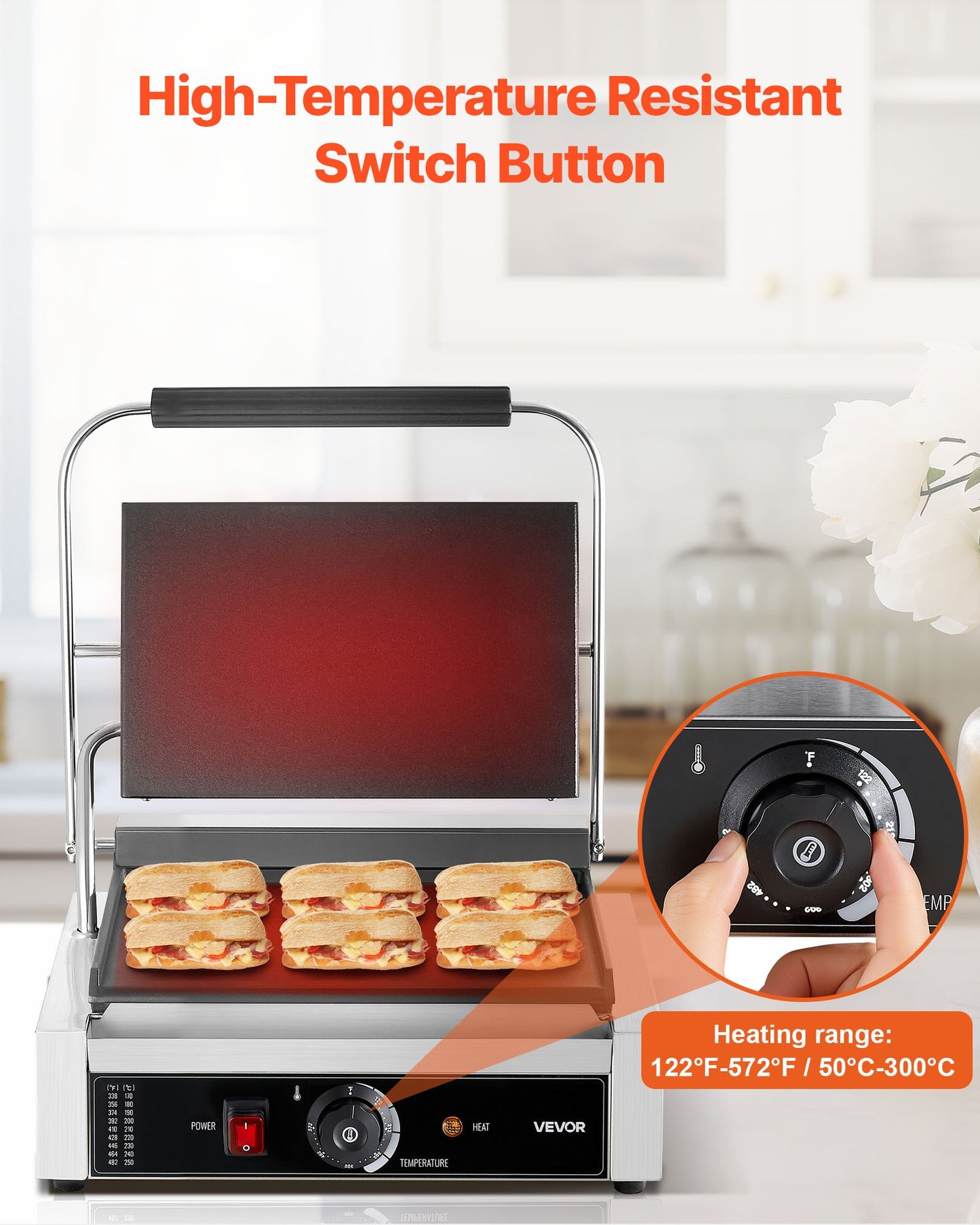 Commercial Panini Grill, 1800W Electric Sandwich Panini Maker, Stainless Steel Sandwichs Press Grill with Handle and Temp Control, 13.5x9.3 in Full Flat Enamel Plate, for Hamburger Steak Bacon