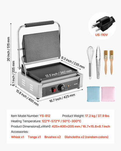 Commercial Panini Grill, 1800W Electric Sandwich Panini Maker, Stainless Steel Sandwichs Press Grill with Handle and Temp Control, 13.5x9.3 in Full Flat Enamel Plate, for Hamburger Steak Bacon