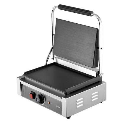 Commercial Panini Grill, 1800W Electric Sandwich Panini Maker, Stainless Steel Sandwichs Press Grill with Handle and Temp Control, 13.5x9.3 in Full Flat Enamel Plate, for Hamburger Steak Bacon