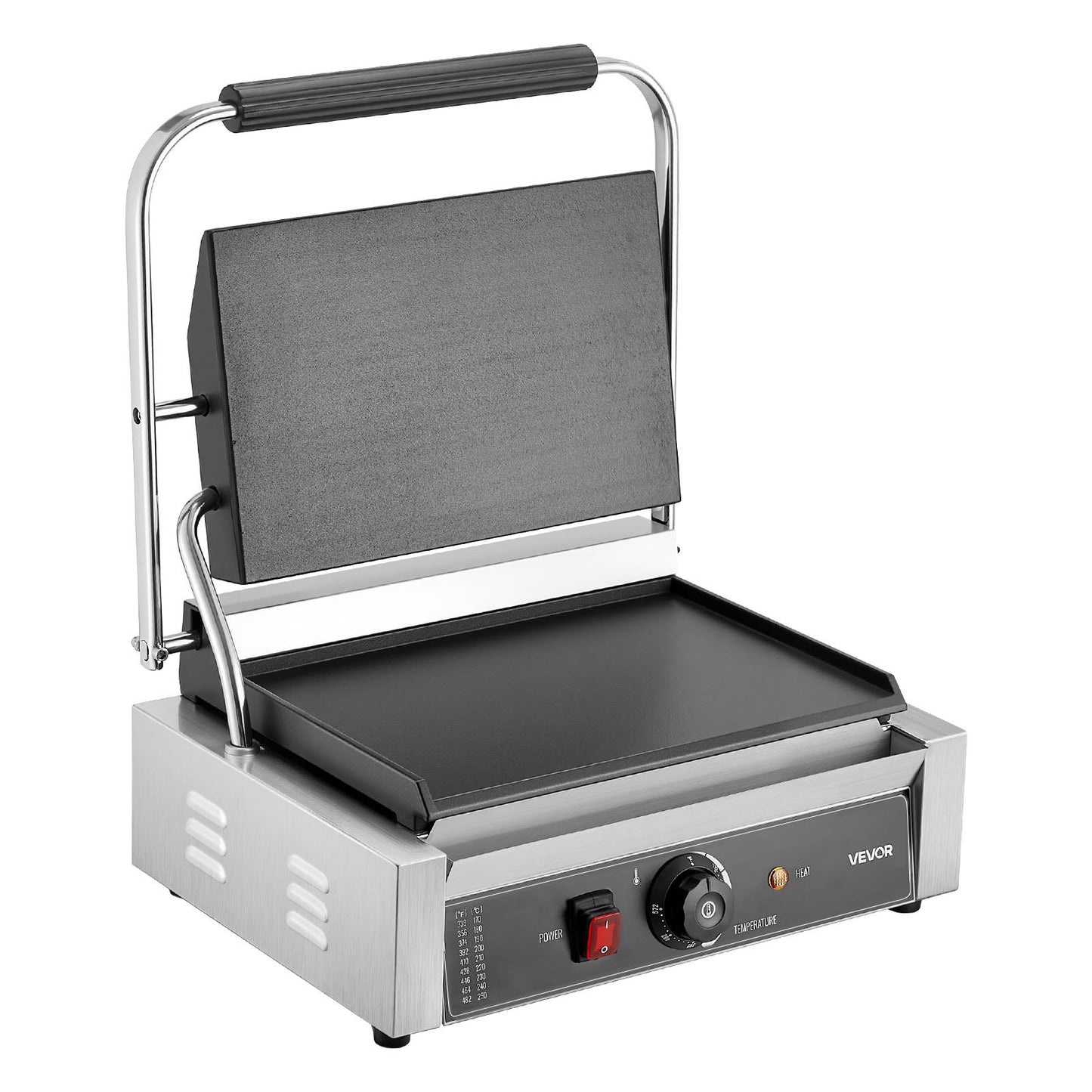 Commercial Panini Grill, 1800W Electric Sandwich Panini Maker, Stainless Steel Sandwichs Press Grill with Handle and Temp Control, 13.5x9.3 in Full Flat Enamel Plate, for Hamburger Steak Bacon