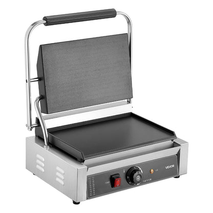 Commercial Panini Grill, 1800W Electric Sandwich Panini Maker, Stainless Steel Sandwichs Press Grill with Handle and Temp Control, 13.5x9.3 in Full Flat Enamel Plate, for Hamburger Steak Bacon