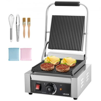 Commercial Panini Grill, 1800W Electric Sandwich Panini Maker, Stainless Steel Sandwichs Press Grill with Handle and Temp Control, 8.8x9 in Full Grooved Enamel Plate for Hamburger Steak Bacon