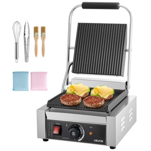 Commercial Panini Grill, 1800W Electric Sandwich Panini Maker, Stainless Steel Sandwichs Press Grill with Handle and Temp Control, 8.8x9 in Full Grooved Enamel Plate for Hamburger Steak Bacon