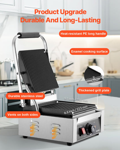 Commercial Panini Grill, 1800W Electric Sandwich Panini Maker, Stainless Steel Sandwichs Press Grill with Handle and Temp Control, 8.8x9 in Full Grooved Enamel Plate for Hamburger Steak Bacon