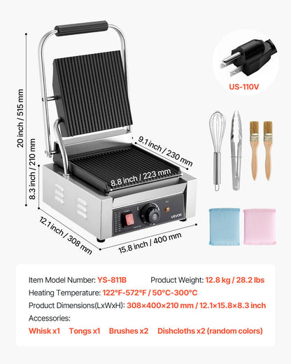 Commercial Panini Grill, 1800W Electric Sandwich Panini Maker, Stainless Steel Sandwichs Press Grill with Handle and Temp Control, 8.8x9 in Full Grooved Enamel Plate for Hamburger Steak Bacon