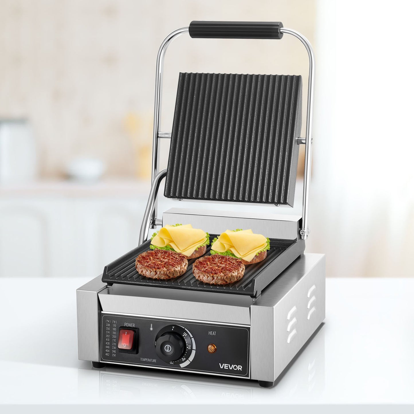 Commercial Panini Grill, 1800W Electric Sandwich Panini Maker, Stainless Steel Sandwichs Press Grill with Handle and Temp Control, 8.8x9 in Full Grooved Enamel Plate for Hamburger Steak Bacon
