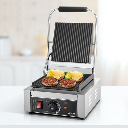 Commercial Panini Grill, 1800W Electric Sandwich Panini Maker, Stainless Steel Sandwichs Press Grill with Handle and Temp Control, 8.8x9 in Full Grooved Enamel Plate for Hamburger Steak Bacon