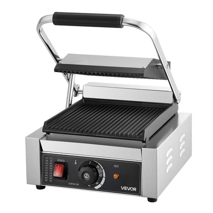 Commercial Panini Grill, 1800W Electric Sandwich Panini Maker, Stainless Steel Sandwichs Press Grill with Handle and Temp Control, 8.8x9 in Full Grooved Enamel Plate for Hamburger Steak Bacon