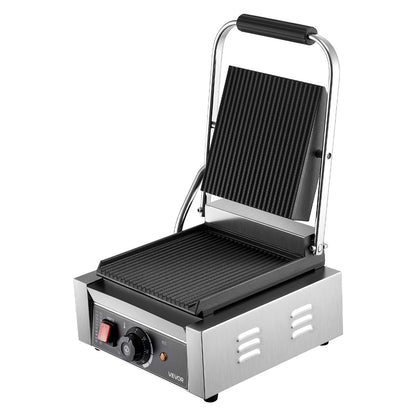 Commercial Panini Grill, 1800W Electric Sandwich Panini Maker, Stainless Steel Sandwichs Press Grill with Handle and Temp Control, 8.8x9 in Full Grooved Enamel Plate for Hamburger Steak Bacon