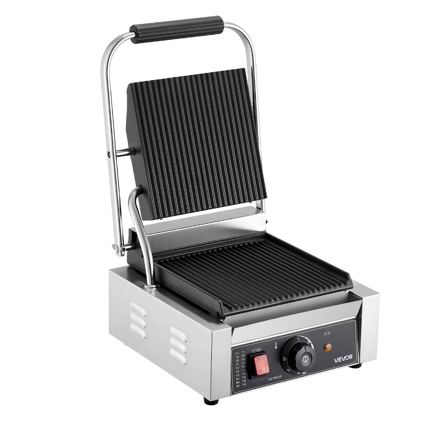 Commercial Panini Grill, 1800W Electric Sandwich Panini Maker, Stainless Steel Sandwichs Press Grill with Handle and Temp Control, 8.8x9 in Full Grooved Enamel Plate for Hamburger Steak Bacon