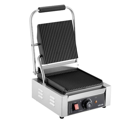 Commercial Panini Grill, 1800W Electric Sandwich Panini Maker, Stainless Steel Sandwichs Press Grill with Handle and Temp Control, 8.8x9 in Full Grooved Enamel Plate for Hamburger Steak Bacon