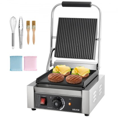 Commercial Panini Grill, 1800W Electric Sandwich Panini Maker, Stainless Steel Sandwichs Press Grill with Handle and Temp Control, 8.8x9 in Flat Enamel Plate, for Hamburger Steak Bacon