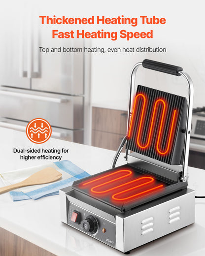 Commercial Panini Grill, 1800W Electric Sandwich Panini Maker, Stainless Steel Sandwichs Press Grill with Handle and Temp Control, 8.8x9 in Flat Enamel Plate, for Hamburger Steak Bacon