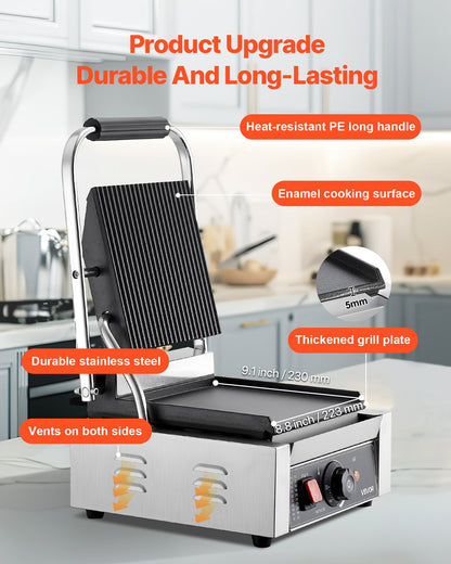 Commercial Panini Grill, 1800W Electric Sandwich Panini Maker, Stainless Steel Sandwichs Press Grill with Handle and Temp Control, 8.8x9 in Flat Enamel Plate, for Hamburger Steak Bacon