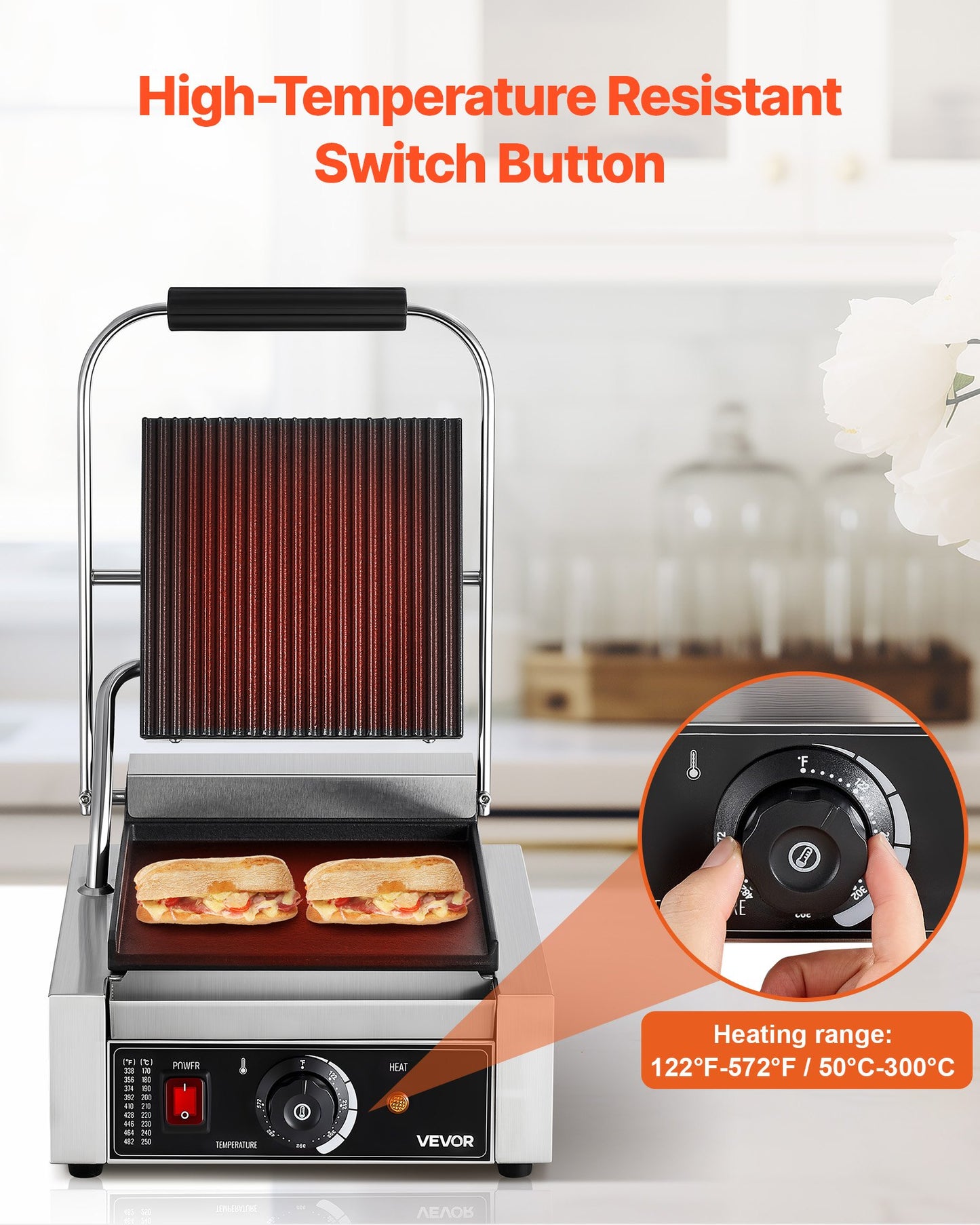 Commercial Panini Grill, 1800W Electric Sandwich Panini Maker, Stainless Steel Sandwichs Press Grill with Handle and Temp Control, 8.8x9 in Flat Enamel Plate, for Hamburger Steak Bacon