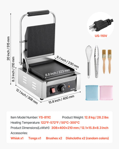 Commercial Panini Grill, 1800W Electric Sandwich Panini Maker, Stainless Steel Sandwichs Press Grill with Handle and Temp Control, 8.8x9 in Flat Enamel Plate, for Hamburger Steak Bacon