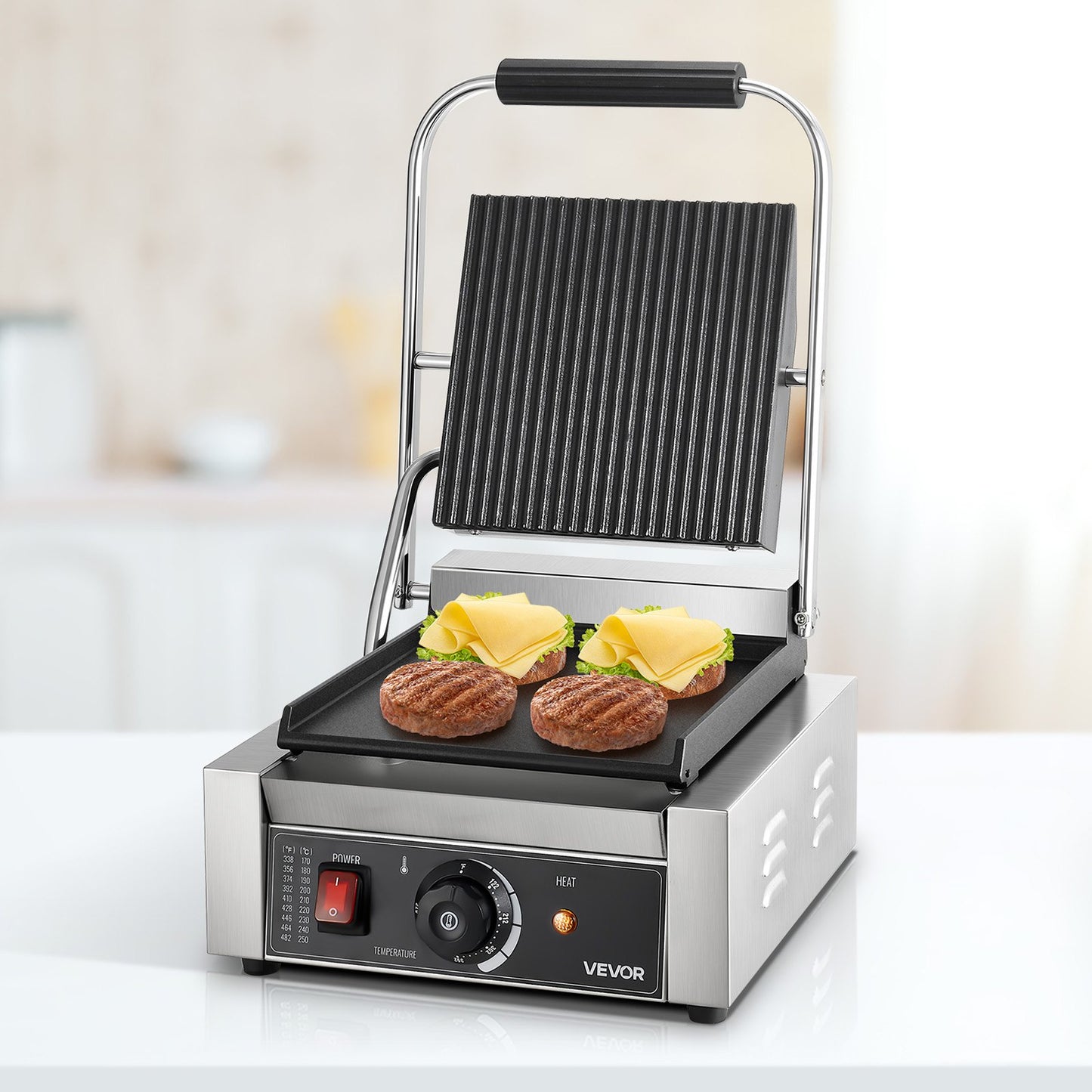 Commercial Panini Grill, 1800W Electric Sandwich Panini Maker, Stainless Steel Sandwichs Press Grill with Handle and Temp Control, 8.8x9 in Flat Enamel Plate, for Hamburger Steak Bacon