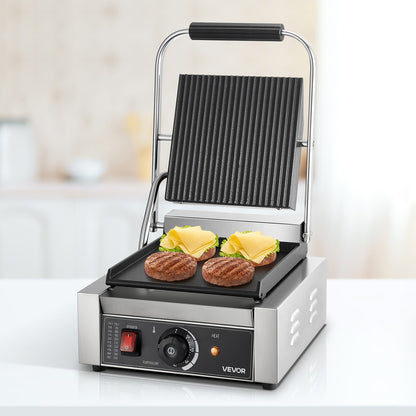 Commercial Panini Grill, 1800W Electric Sandwich Panini Maker, Stainless Steel Sandwichs Press Grill with Handle and Temp Control, 8.8x9 in Flat Enamel Plate, for Hamburger Steak Bacon