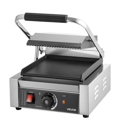 Commercial Panini Grill, 1800W Electric Sandwich Panini Maker, Stainless Steel Sandwichs Press Grill with Handle and Temp Control, 8.8x9 in Flat Enamel Plate, for Hamburger Steak Bacon
