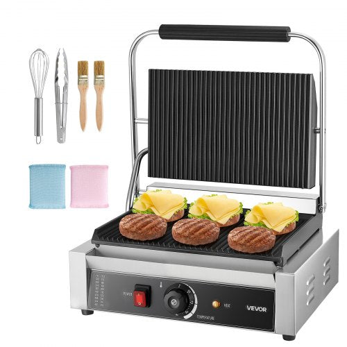 Commercial Panini Grill, 1800W Electric Sandwich Panini Maker, Stainless Steel Sandwichs Press with Handle and Temp Control, 13.5x9.3 in Full Grooved Enamel Plate, for Hamburger Steak Bacon