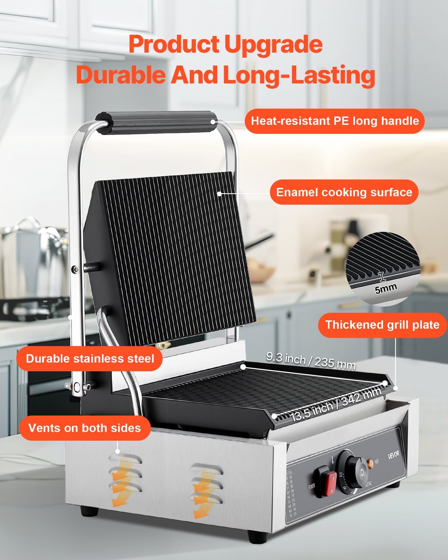 Commercial Panini Grill, 1800W Electric Sandwich Panini Maker, Stainless Steel Sandwichs Press with Handle and Temp Control, 13.5x9.3 in Full Grooved Enamel Plate, for Hamburger Steak Bacon
