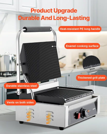 Commercial Panini Grill, 1800W Electric Sandwich Panini Maker, Stainless Steel Sandwichs Press with Handle and Temp Control, 13.5x9.3 in Full Grooved Enamel Plate, for Hamburger Steak Bacon
