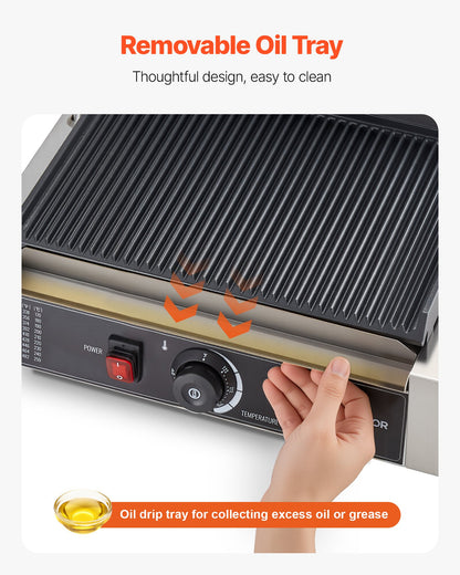 Commercial Panini Grill, 1800W Electric Sandwich Panini Maker, Stainless Steel Sandwichs Press with Handle and Temp Control, 13.5x9.3 in Full Grooved Enamel Plate, for Hamburger Steak Bacon