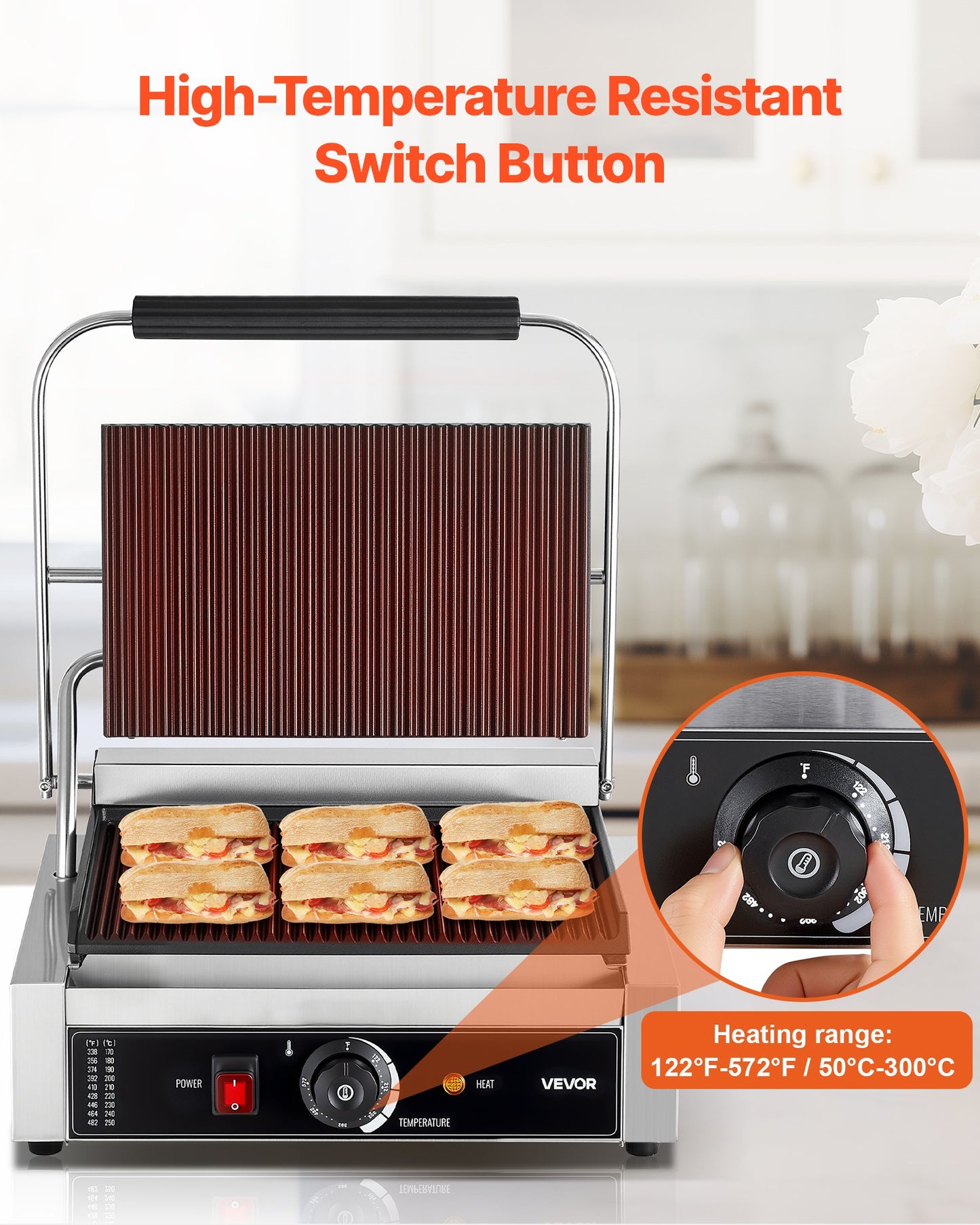 Commercial Panini Grill, 1800W Electric Sandwich Panini Maker, Stainless Steel Sandwichs Press with Handle and Temp Control, 13.5x9.3 in Full Grooved Enamel Plate, for Hamburger Steak Bacon