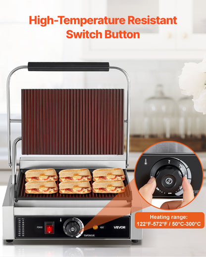 Commercial Panini Grill, 1800W Electric Sandwich Panini Maker, Stainless Steel Sandwichs Press with Handle and Temp Control, 13.5x9.3 in Full Grooved Enamel Plate, for Hamburger Steak Bacon