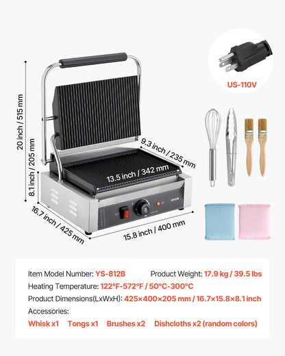 Commercial Panini Grill, 1800W Electric Sandwich Panini Maker, Stainless Steel Sandwichs Press with Handle and Temp Control, 13.5x9.3 in Full Grooved Enamel Plate, for Hamburger Steak Bacon