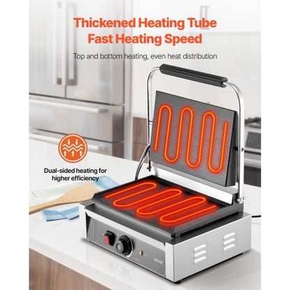 Kommersiell Panini Grill, 2200W elektrisk smörgåspaninimaskin, pressgrill i rostfritt stål med handtag och temperaturkontroll, 34x23 cm helplatt emaljplatta, för hamburgare, biff och bacon |  EU