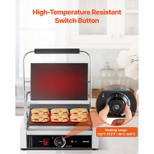 Kommersiell Panini Grill, 2200W elektrisk smörgåspaninimaskin, pressgrill i rostfritt stål med handtag och temperaturkontroll, 34x23 cm helplatt emaljplatta, för hamburgare, biff och bacon |  EU
