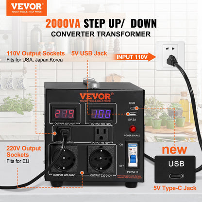 Volt Converter Transformer, 2000VA, Heavy Duty Step Up/Down Transformer, Convert from 110 Volt to 220 Volt and from 220 Volt to 110 Volt, with US Outlet EU Outlet 5V USB Port, CE Certified