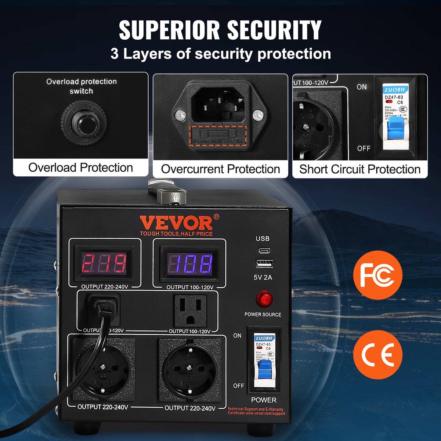 Volt Converter Transformer, 2000VA, Heavy Duty Step Up/Down Transformer, Convert from 110 Volt to 220 Volt and from 220 Volt to 110 Volt, with US Outlet EU Outlet 5V USB Port, CE Certified