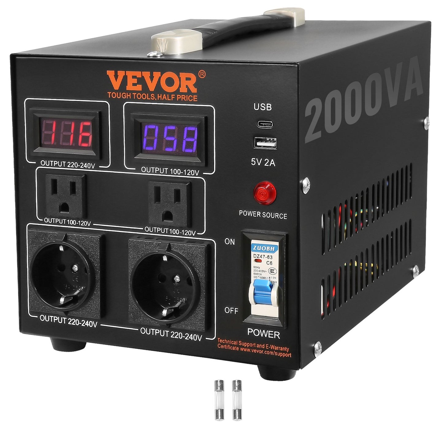 Volt Converter Transformer, 2000VA, Heavy Duty Step Up/Down Transformer, Convert from 110 Volt to 220 Volt and from 220 Volt to 110 Volt, with US Outlet EU Outlet 5V USB Port, CE Certified