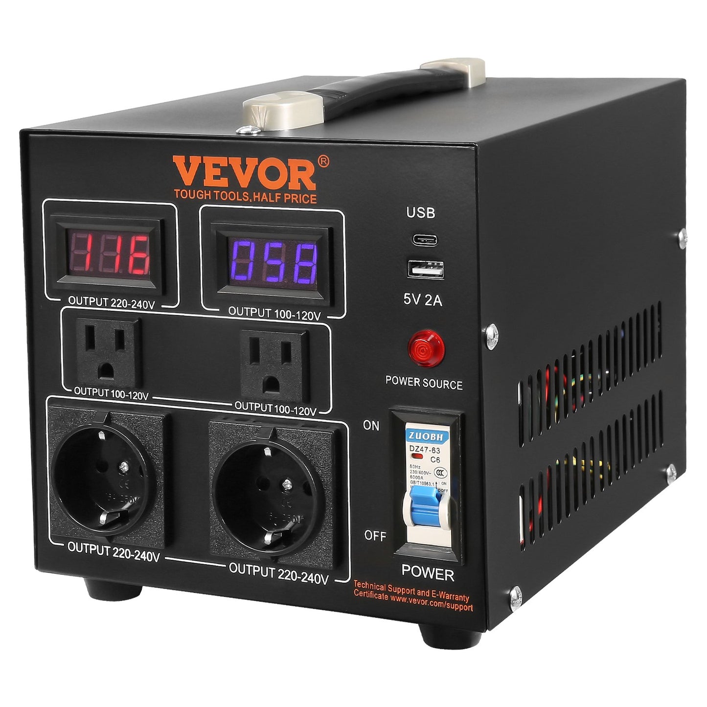 Volt Converter Transformer, 2000VA, Heavy Duty Step Up/Down Transformer, Convert from 110 Volt to 220 Volt and from 220 Volt to 110 Volt, with US Outlet EU Outlet 5V USB Port, CE Certified