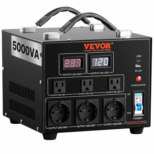 Voltage Converter Transformer, 5000W, Heavy Duty Step Up/Down Transformer, Convert from 110 Volt to 220 Volt and from 220 Volt to 110 Volt, with US Outlet EU Outlet 5V USB Port, CE Certified