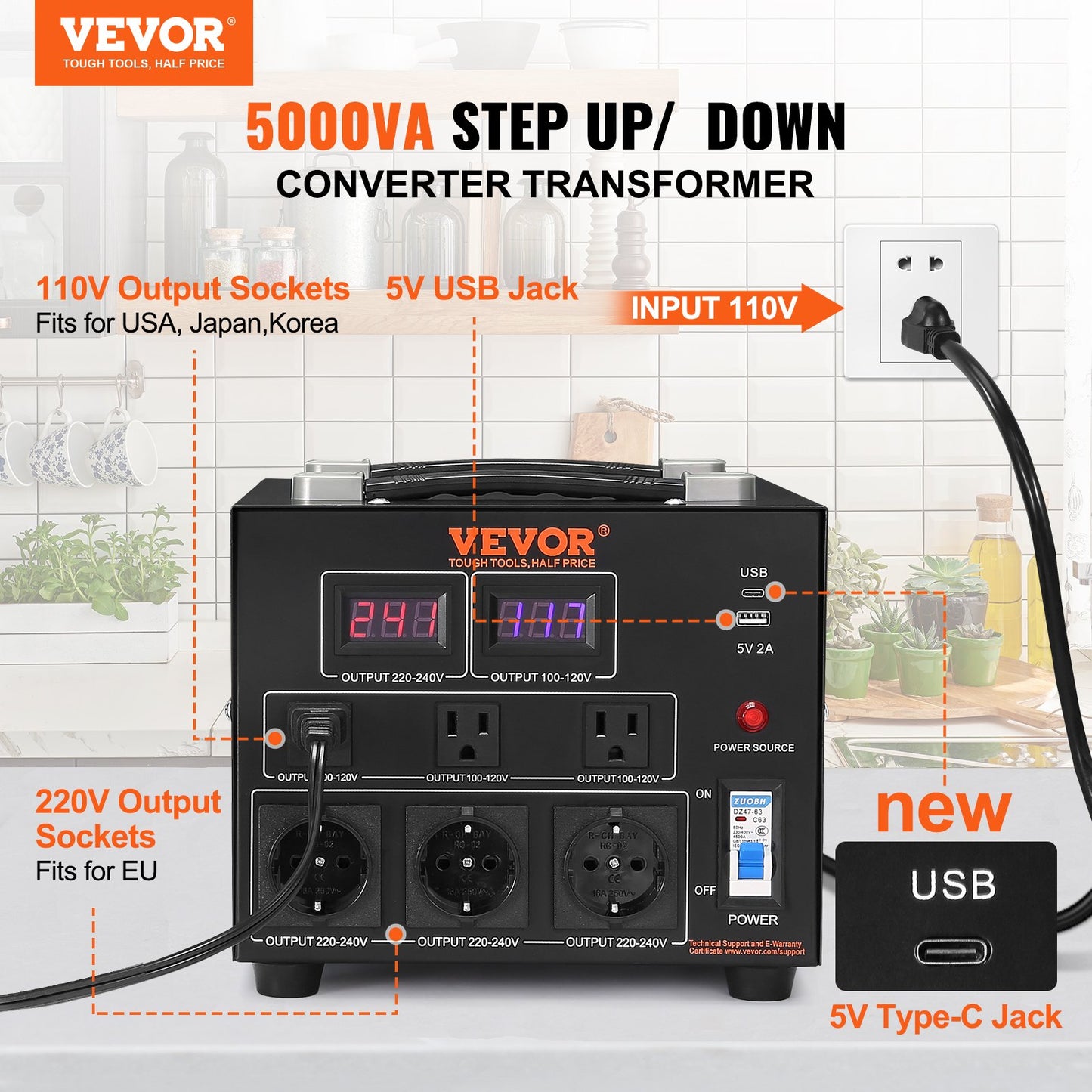 Volt Converter Transformer, 5000VA, Heavy Duty Step Up/Down Transformer, Convert from 110 Volt to 220 Volt and from 220 Volt to 110 Volt, with US Outlet EU Outlet 5V USB Port, CE Certified